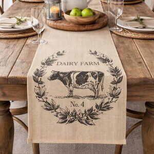 Farmhouse French Country Style Burlap Table Runner With Cow Print Design